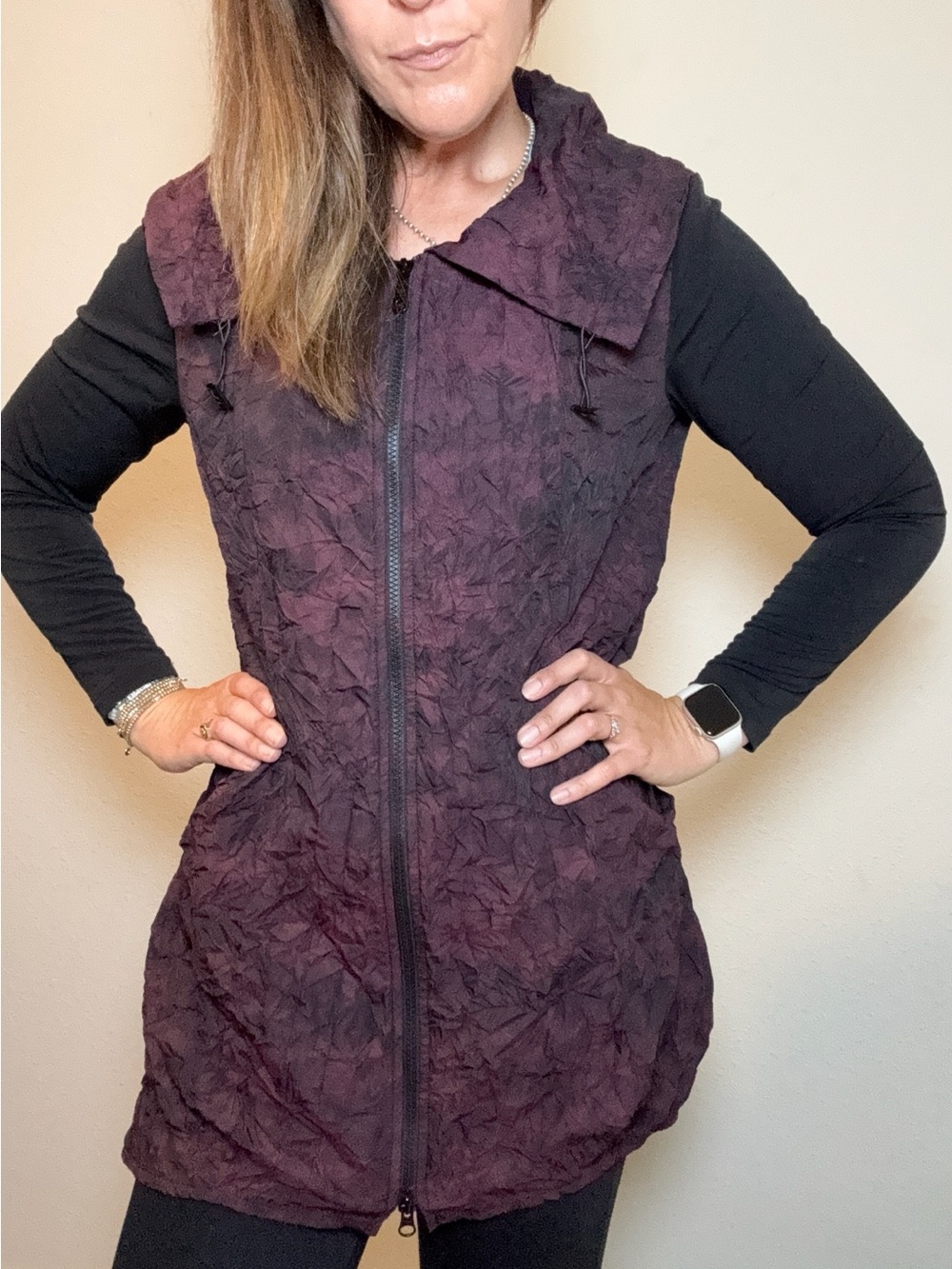 NWT Kozan Zip Front Pucker Textured Long Sleeve Tunic in Wine